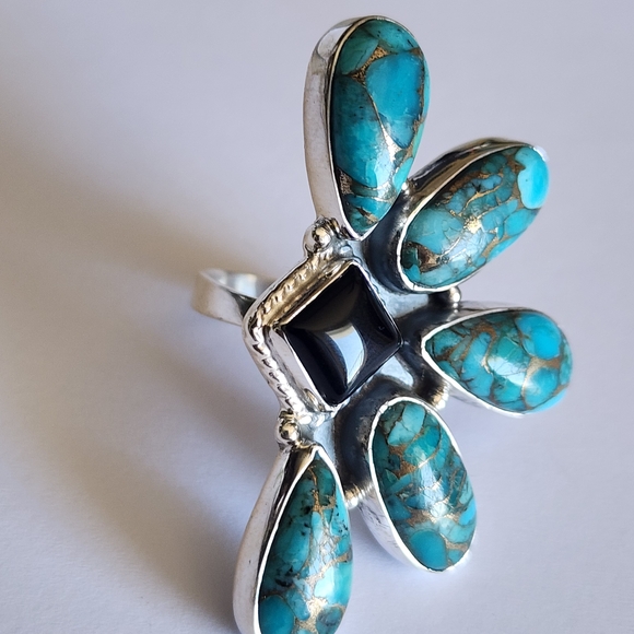 Cluster Turquoise Native American Ajustable Ring Sterling Silver Size 7 And Up - Picture 4 of 8
